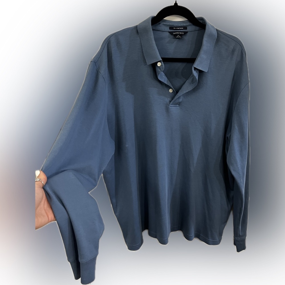 💙 Lands’ End Men’s Blue Long Sleeve Polo Shirt 👕✨